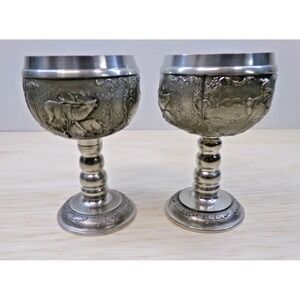 SKS Zinn 95% Pewter Raised Relief Hunting Scenes Stemmed Wine Goblets Lot of 2
